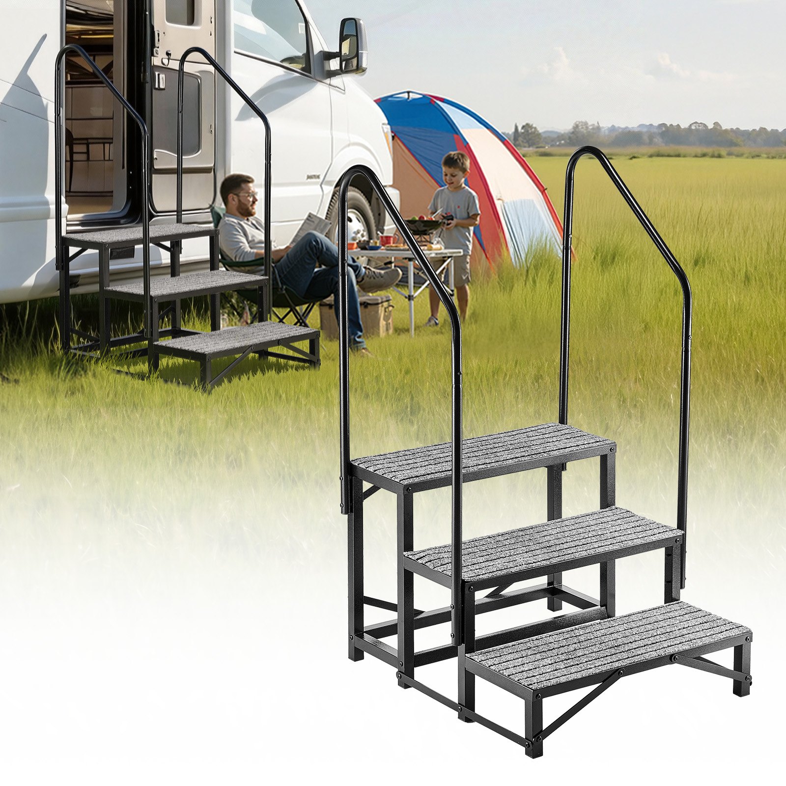 VEVOR Escalera para Autocaravana de 3 Peldaños Carga de 299,38 kg, Escalera con Pasamanos Doble con Alfombrilla Antideslizante, para Personas Mayores y Mascotas, Portátil para Jacuzzi, Caravana