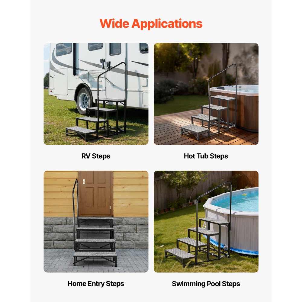 VEVOR Escalera para Autocaravana de 4 Peldaños, Escalera con Pasamanos Carga de 299,38 kg, con Alfombrilla Antideslizante, para Personas Mayores y Mascotas, Portátil para Jacuzzi, Caravana, Porche