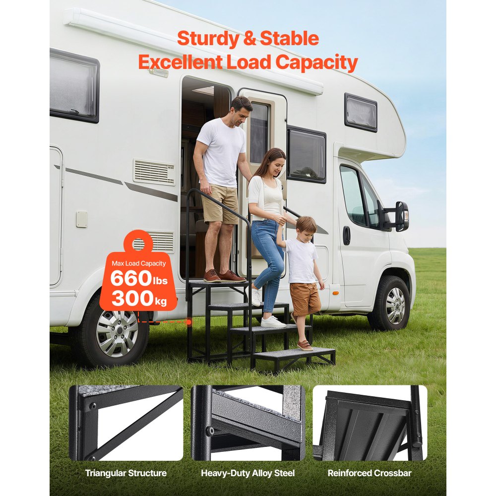 VEVOR Escalera para Autocaravana de 4 Peldaños Carga de 299,38 kg, Escalera con Pasamanos Doble con Alfombrilla Antideslizante, para Personas Mayores y Mascotas, Portátil para Jacuzzi, Caravana