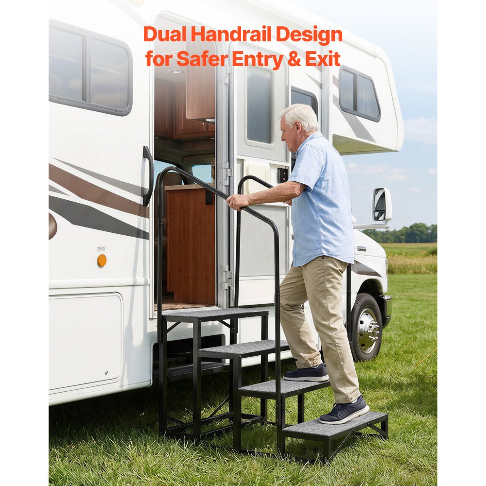 VEVOR Escalera para Autocaravana de 4 Peldaños Carga de 299,38 kg, Escalera con Pasamanos Doble con Alfombrilla Antideslizante, para Personas Mayores y Mascotas, Portátil para Jacuzzi, Caravana