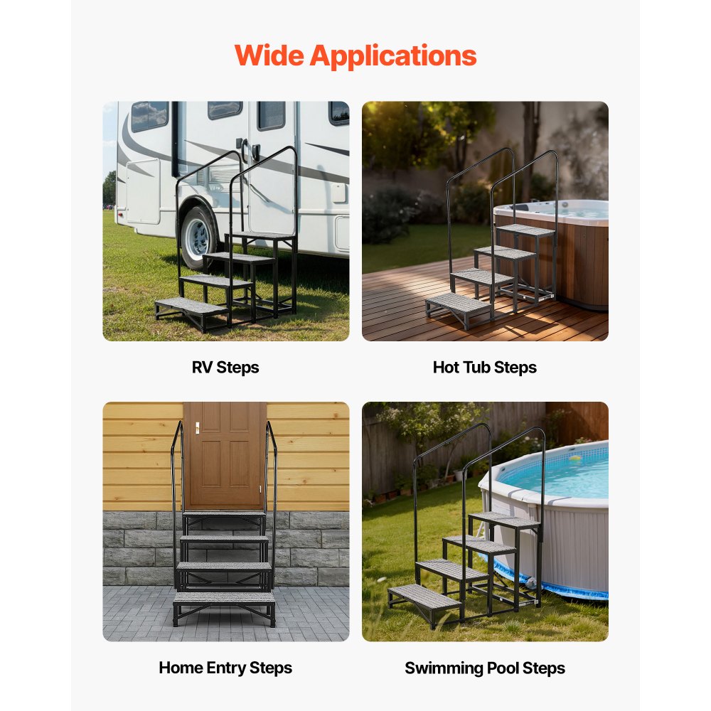 VEVOR Escalera para Autocaravana de 4 Peldaños Carga de 299,38 kg, Escalera con Pasamanos Doble con Alfombrilla Antideslizante, para Personas Mayores y Mascotas, Portátil para Jacuzzi, Caravana