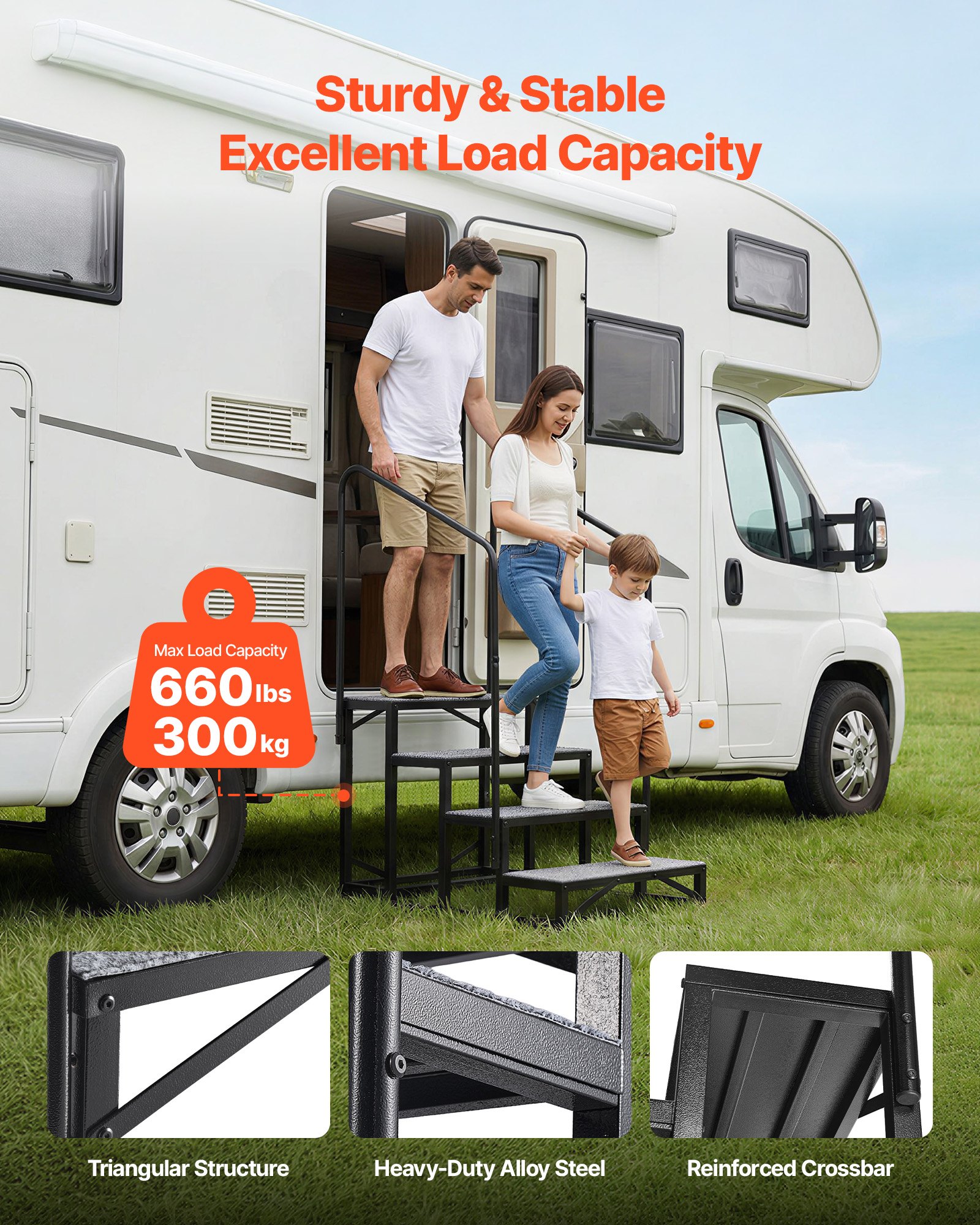 VEVOR Escalera para Autocaravana de 4 Peldaños Carga de 299,38 kg, Escalera con Pasamanos Doble con Alfombrilla Antideslizante, para Personas Mayores y Mascotas, Portátil para Jacuzzi, Caravana