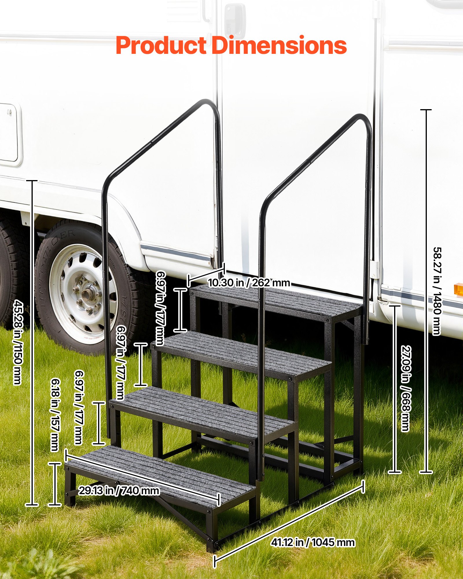 VEVOR Escalera para Autocaravana de 4 Peldaños Carga de 299,38 kg, Escalera con Pasamanos Doble con Alfombrilla Antideslizante, para Personas Mayores y Mascotas, Portátil para Jacuzzi, Caravana