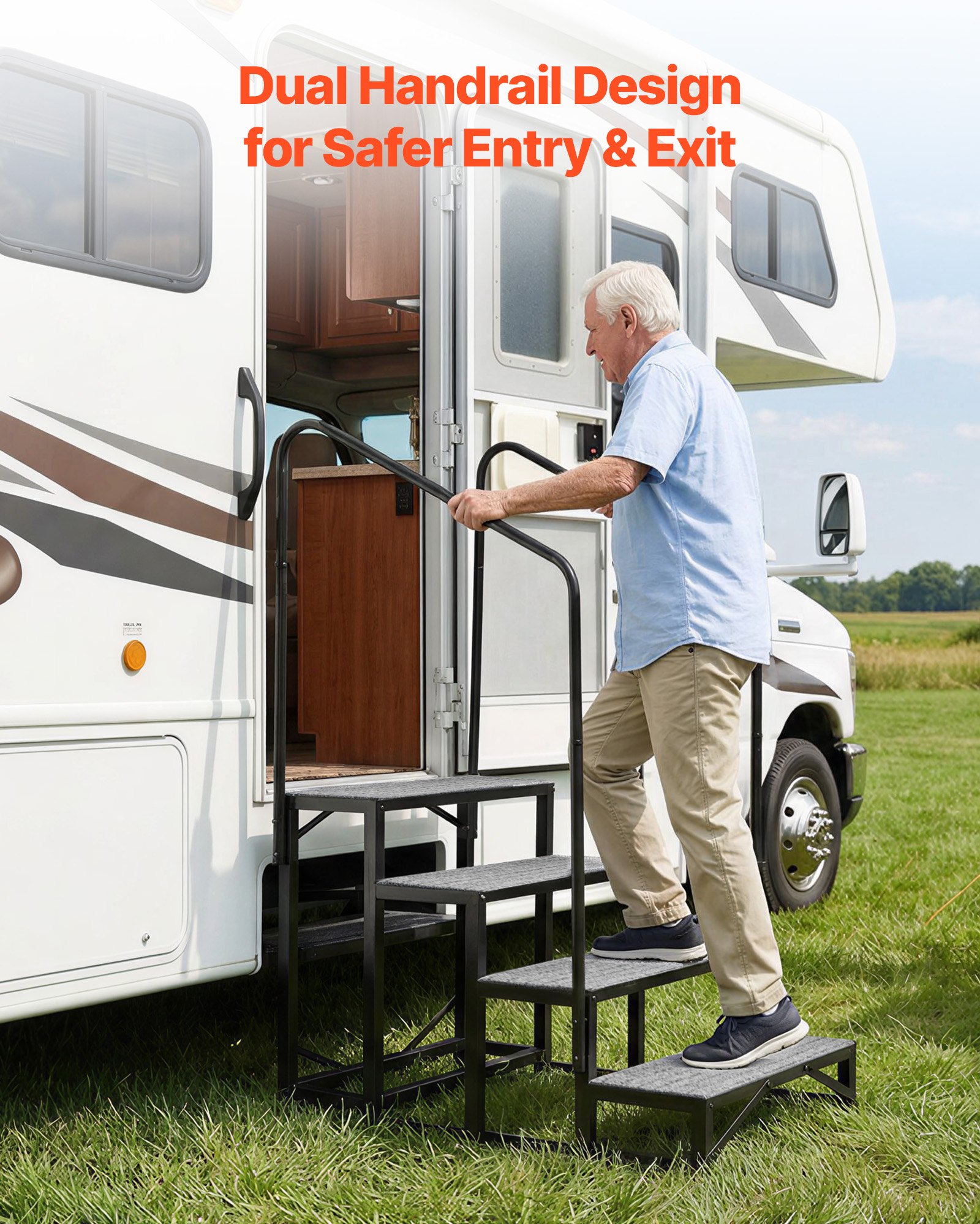 VEVOR Escalera para Autocaravana de 4 Peldaños Carga de 299,38 kg, Escalera con Pasamanos Doble con Alfombrilla Antideslizante, para Personas Mayores y Mascotas, Portátil para Jacuzzi, Caravana