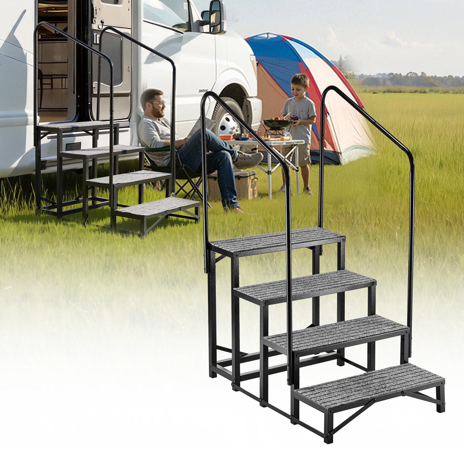 VEVOR Escalera para Autocaravana de 4 Peldaños Carga de 299,38 kg, Escalera con Pasamanos Doble con Alfombrilla Antideslizante, para Personas Mayores y Mascotas, Portátil para Jacuzzi, Caravana