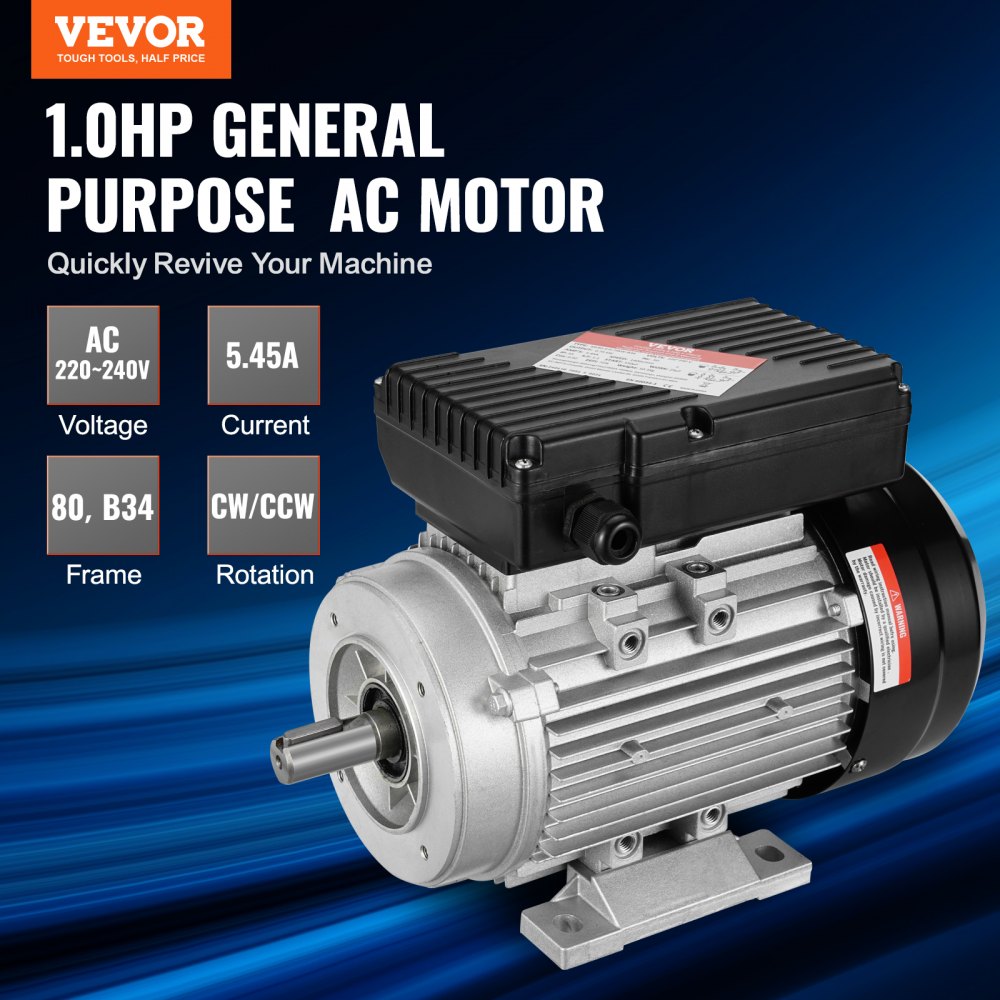 VEVOR Motor eléctrico 0.75KW 1400 rpm, AC 220~240V 5.45A, 80, marco B34, motor de compresor de aire monofásico, eje con llave de 19 mm, rotación CW/CCW para maquinaria agrícola y equipo general