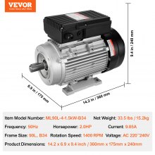 VEVOR Motor Eléctrico 1400 RPM CA 220~240 V 9,85 A 1,5 kW 360 x 175 x 240 mm