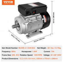 VEVOR Motor Eléctrico 1400 RPM CA 220~240 V 7,5 A 1,1 kW 335 x 175 x 240 mm