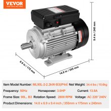 VEVOR Motor Eléctrico 2800 RPM CA 220~240 V 13,8 A 2,2 kW 355 x 175 x 240 mm