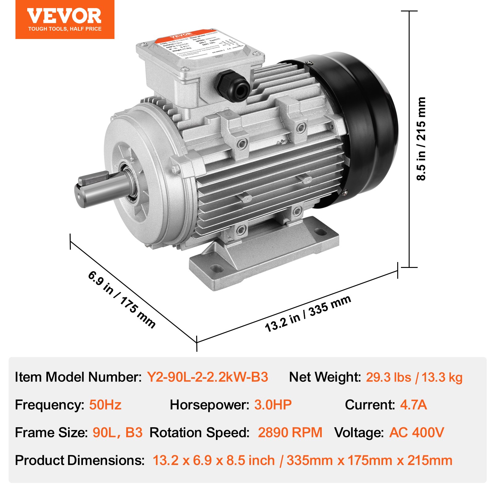 VEVOR Motor eléctrico 2.2KW 2890 rpm, AC 400V 4.7A, 90L, marco B3, motor compresor de aire trifásico, eje con llave de 24 mm, rotación CW/CCW para maquinaria agrícola y equipo general