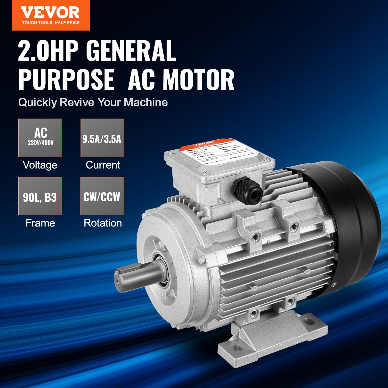 VEVOR 1.5 kW electric motor, 3000 rpm, AC 230 V/400 V, 9.5 A/3.5 A, 90 l, B3 frame, 3-phase air compressor motor, 24 mm splined shaft, forward/reverse rotation for agricultural machinery and general equipment