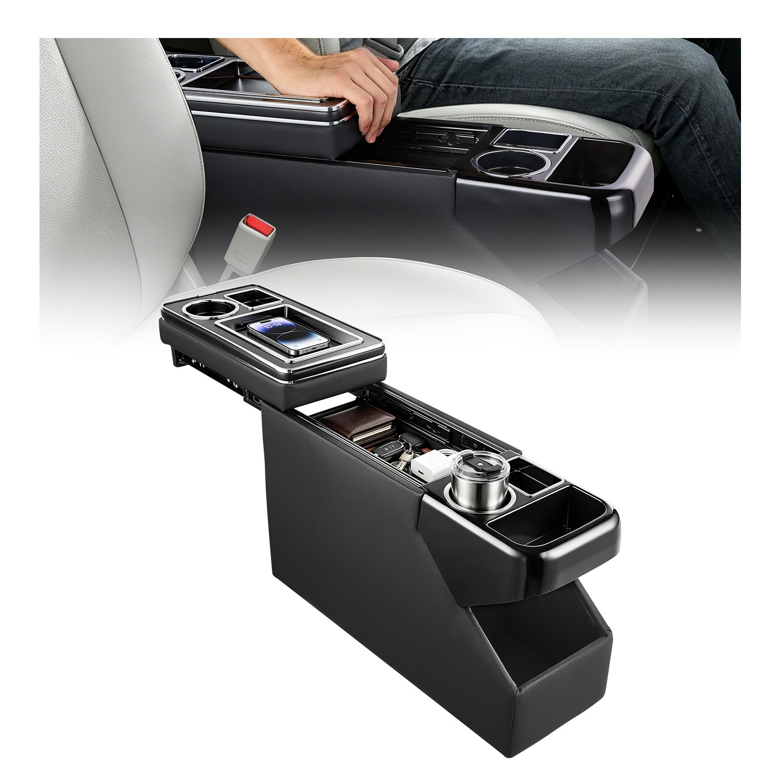 VEVOR Caja de Almacenamiento entre Asientos, para Montaje en el Piso, Organizador de Herramientas para Consola Central, con Tapa Deslizante y Portavasos, para Camionetas, Minivans y SUV, Negro