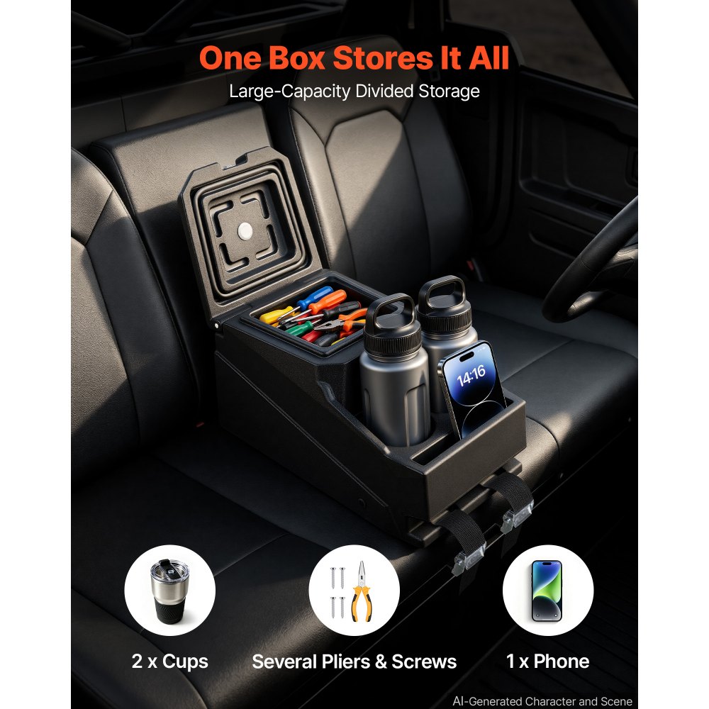 VEVOR Caja de Almacenamiento con Reposabrazo para Consola Central, Organizador de Herramientas de HDPE, con Portavasos y Cerradura, Compatible con Polaris Ranger y Can-Am Defender 2017-2026, Negro