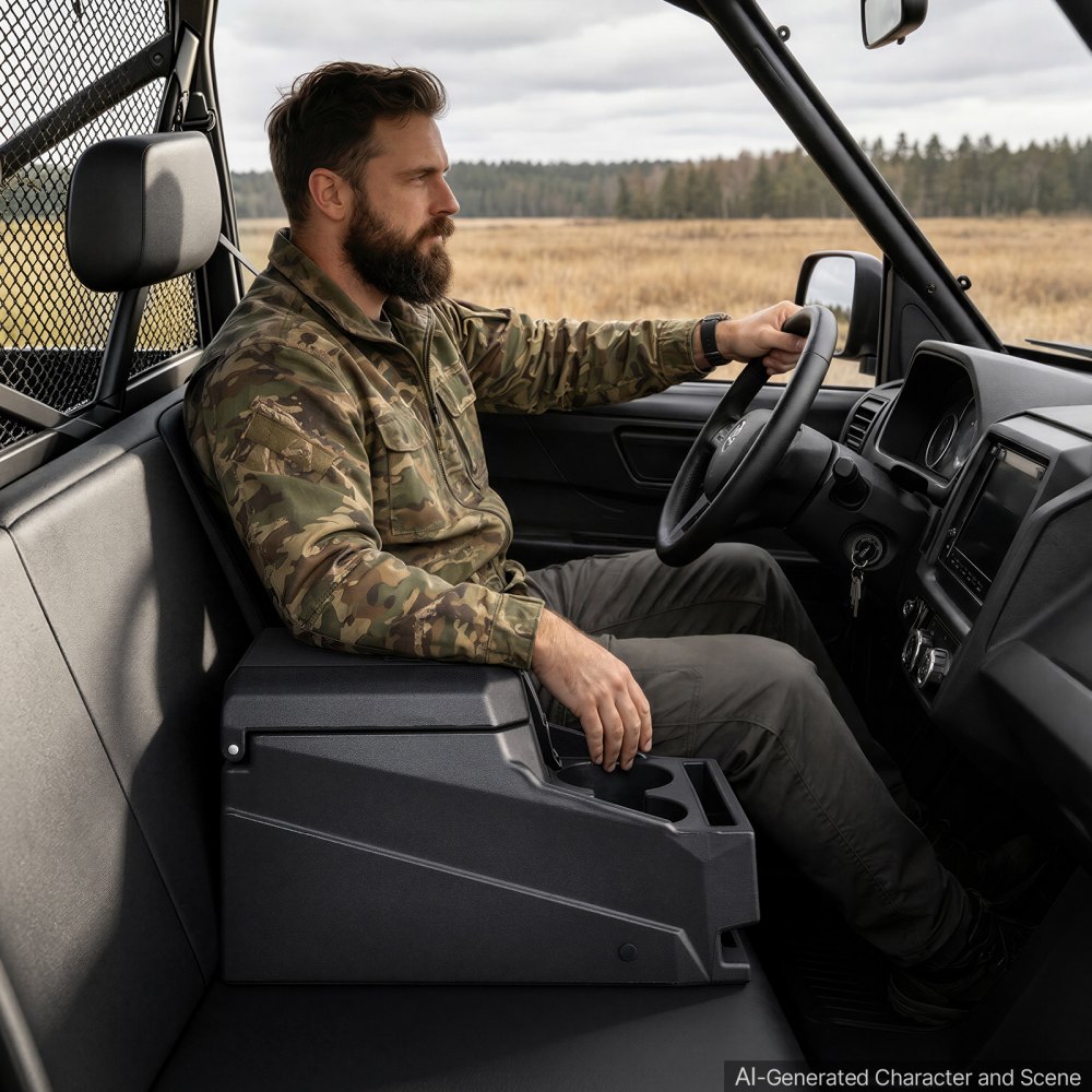 VEVOR Caja de Almacenamiento con Reposabrazo para Consola Central, Organizador de Herramientas de HDPE, con Portavasos y Cerradura, Compatible con Polaris Ranger y Can-Am Defender 2017-2026, Negro