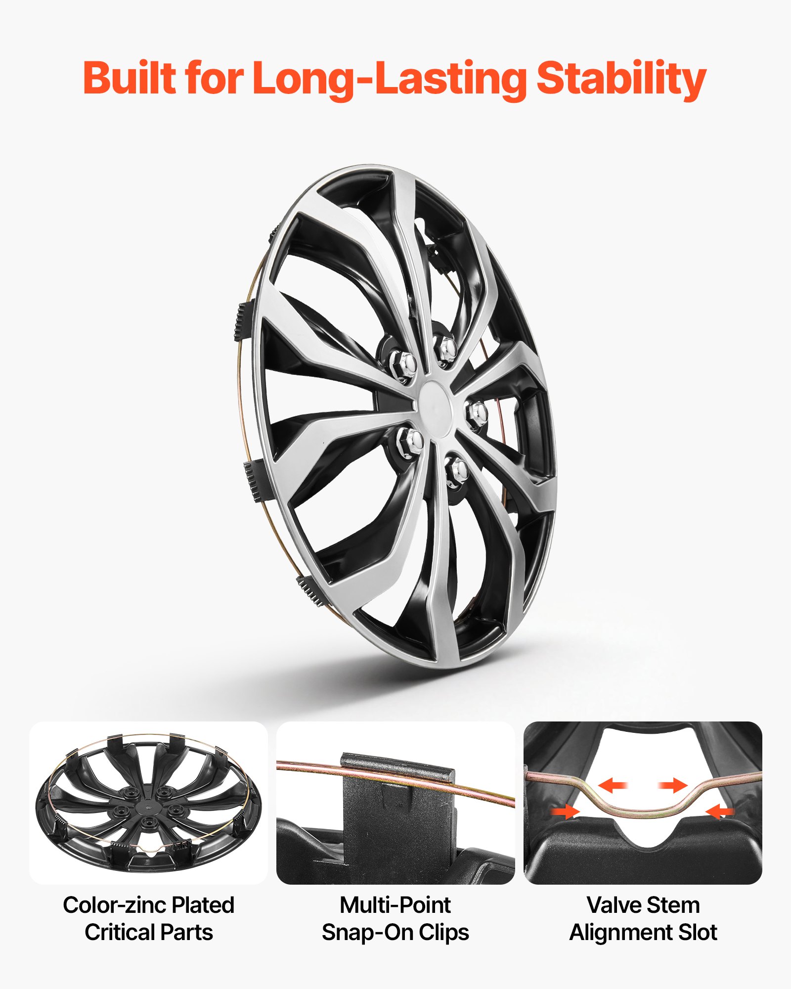 VEVOR Juego de 4 Tapacubos 16 pulgadas, Embellecedores de Rueda R163, Tapacubos Universales de 10 Radios de ABS, Resistente y Duradero, para Llantas de Hyundai, Chevrolet, Ford, Honda, Plata y Negro