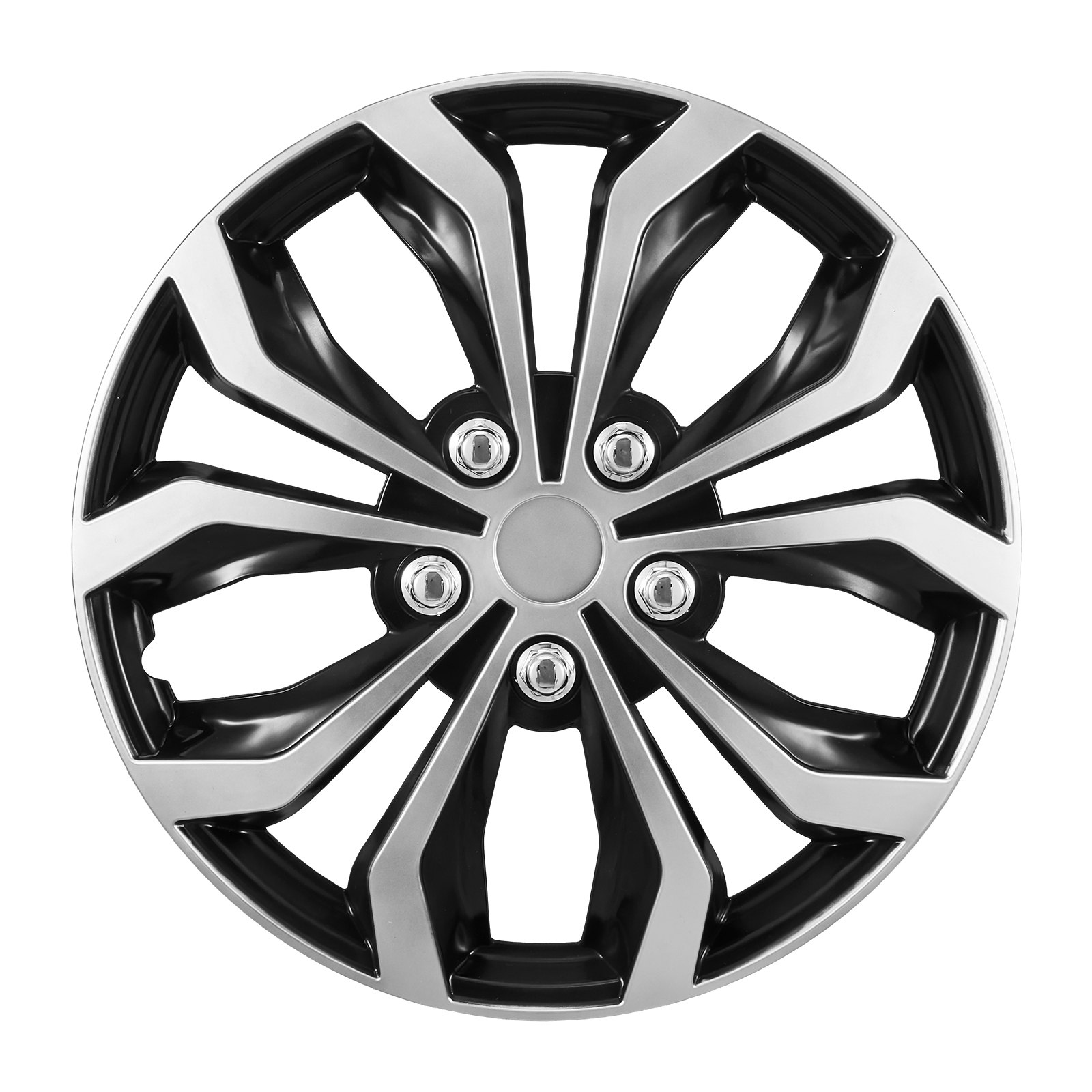 VEVOR Juego de 4 Tapacubos 16 pulgadas, Embellecedores de Rueda R163, Tapacubos Universales de 10 Radios de ABS, Resistente y Duradero, para Llantas de Hyundai, Chevrolet, Ford, Honda, Plata y Negro