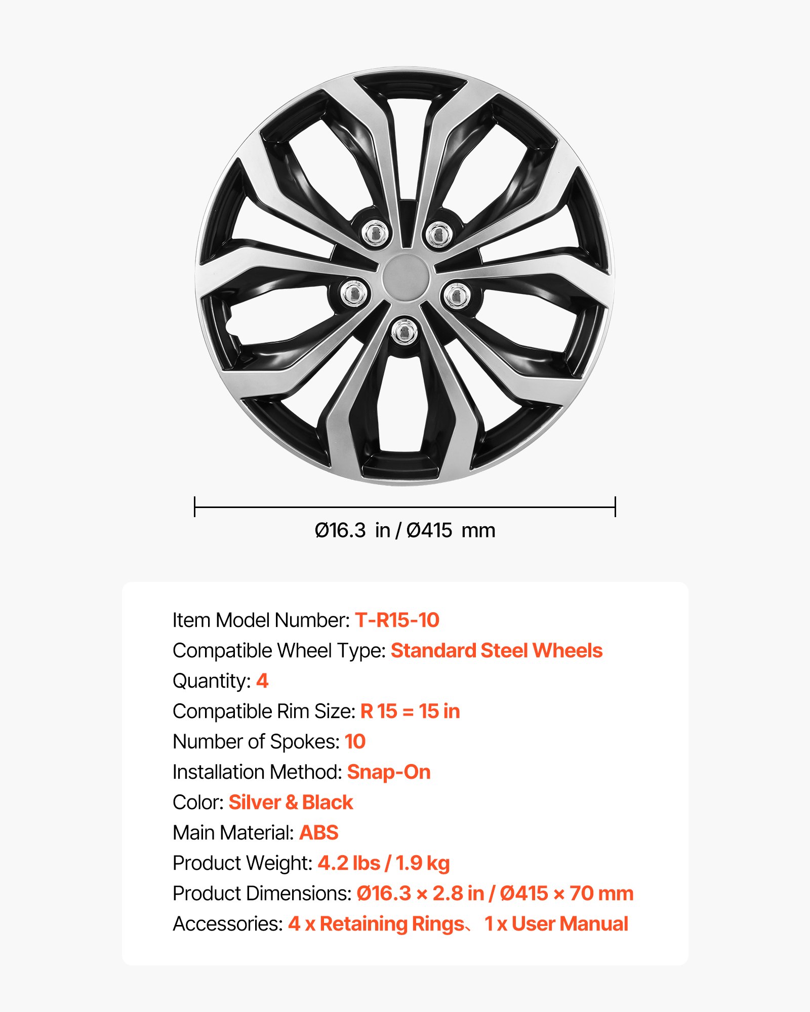 VEVOR Juego de 4 Tapacubos 15 pulgadas, Embellecedores de Rueda R15, Tapacubos Universales de 10 Radios de ABS, Resistente y Duradero, para Llantas de Hyundai, Chevrolet, Ford, Honda, Plata y Negro