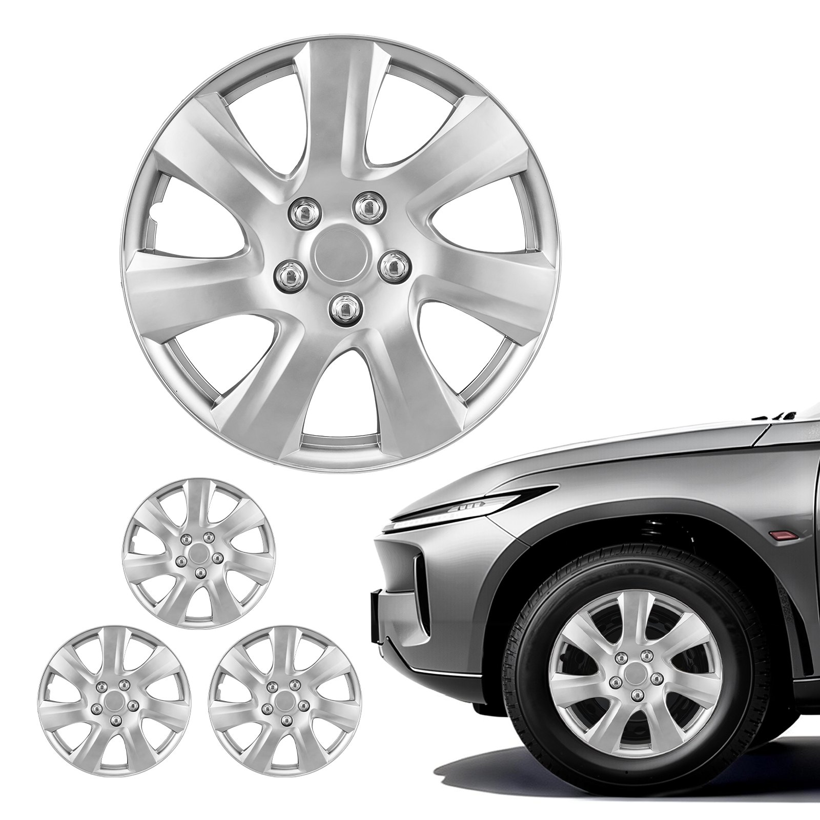 VEVOR Juego de 4 Tapacubos de 16 pulgadas, Embellecedores de Rueda R16, Tapacubos Universales de 7 Radios de ABS, Resistente y Duradero, para Llantas de Hyundai, Chevrolet, Ford, Honda, Plata