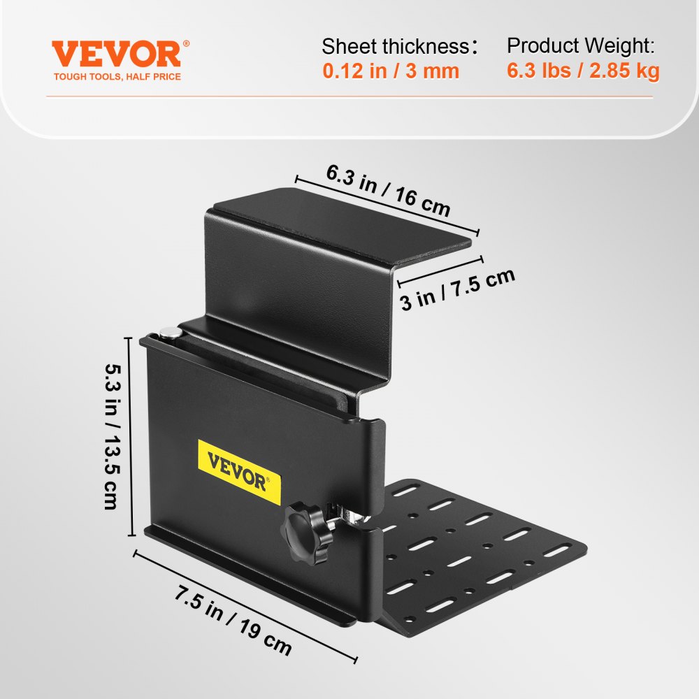 Soporte para motosierra VEVOR negro con dimensiones y peso mostrados.