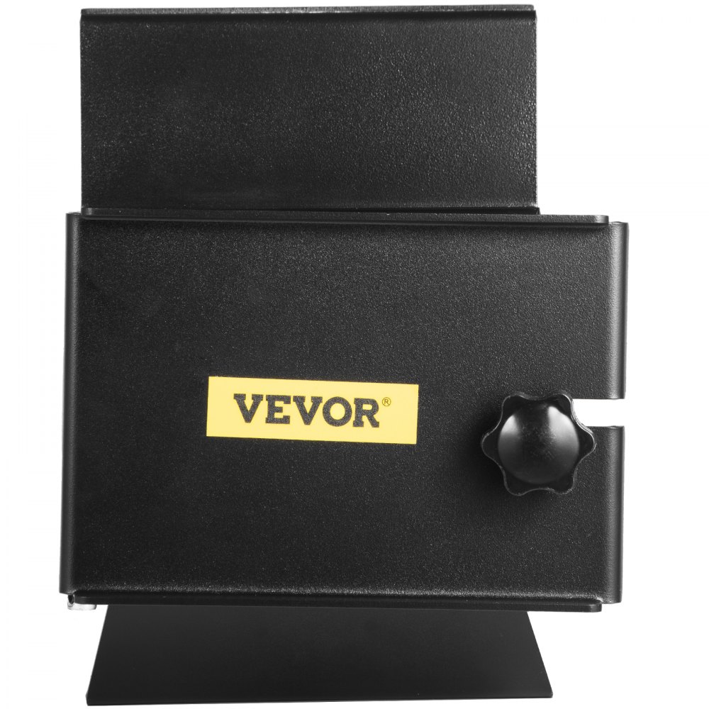 Soporte para motosierra VEVOR de color negro con logotipo amarillo y perilla ajustable para asegurar motosierras.