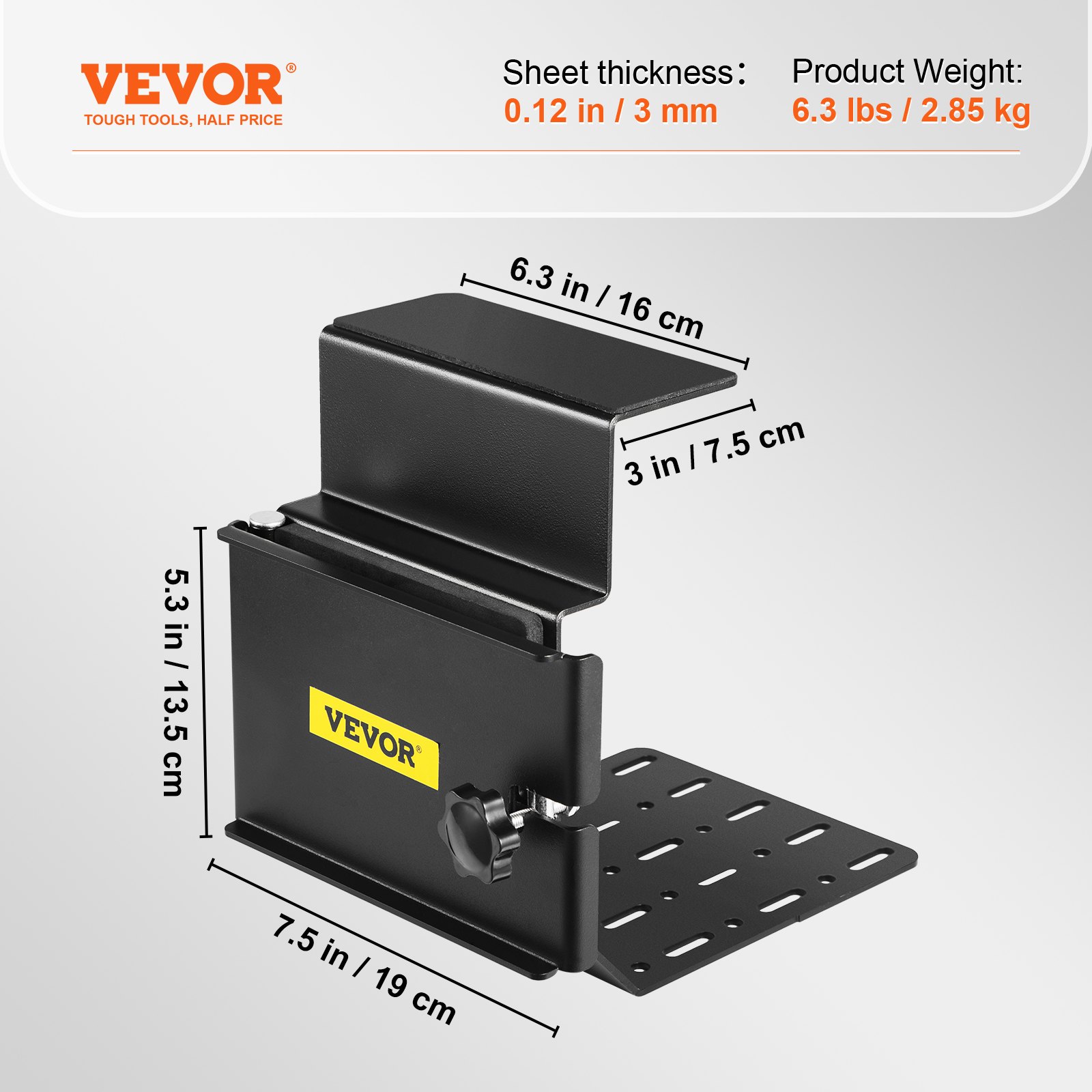 Soporte para motosierra VEVOR negro con dimensiones y peso mostrados.