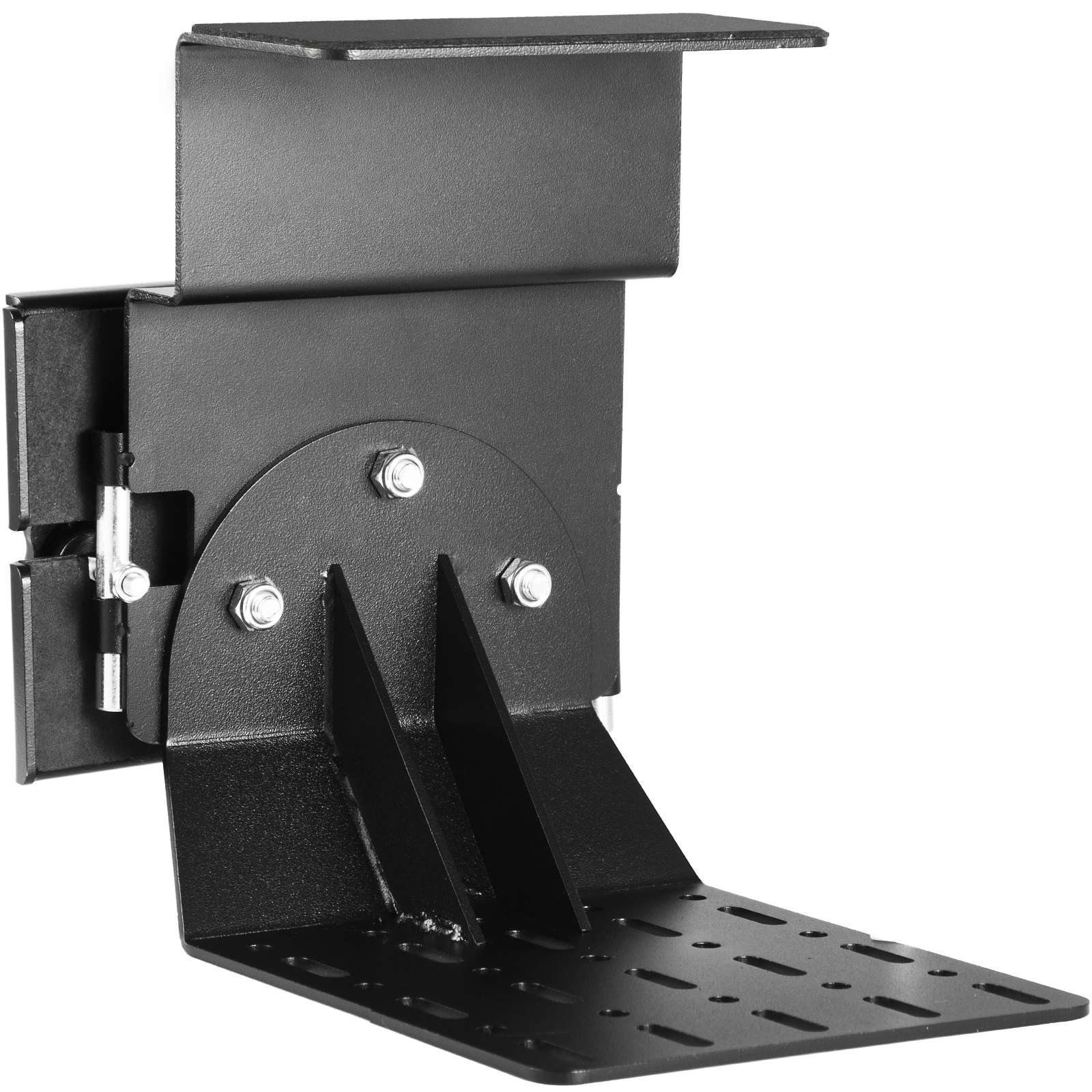 Soporte de motosierra VEVOR de acero negro con orificios de montaje y brazos de soporte.