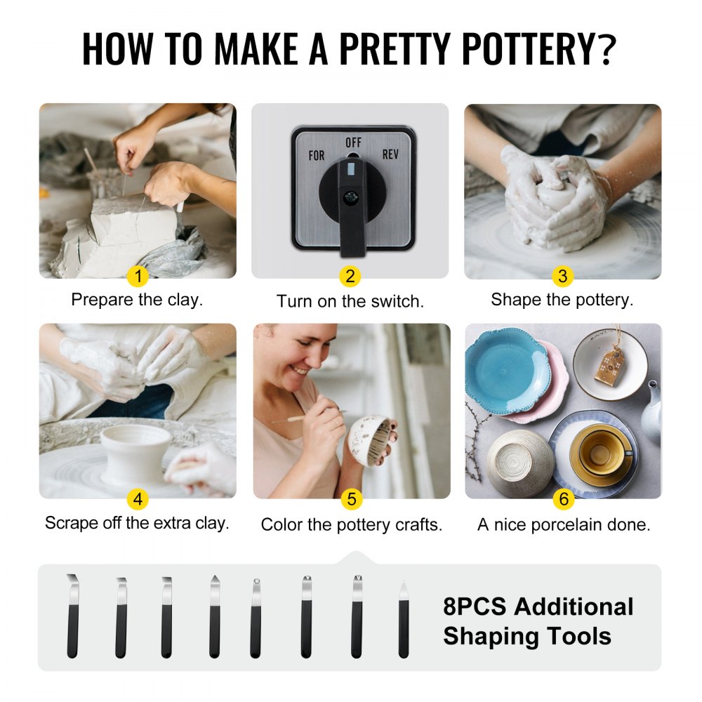 VEVOR Máquina de Cerámica 25 cm, Rueda de Cerámica Eléctrica de 280 W con Pedal y Herramienta de Lavabo Desmontable, Máquina de cerámica de vatios con pedal