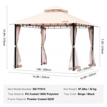 VEVOR Gazebo de Jardín 295x295 cm Cenador de Patio con Mosquitera Emergente para 6-8 Personas con Estructura de Metal, Poliéster Recubierto de PU 180G, Refugio Exterior para Césped, Patio Trasero