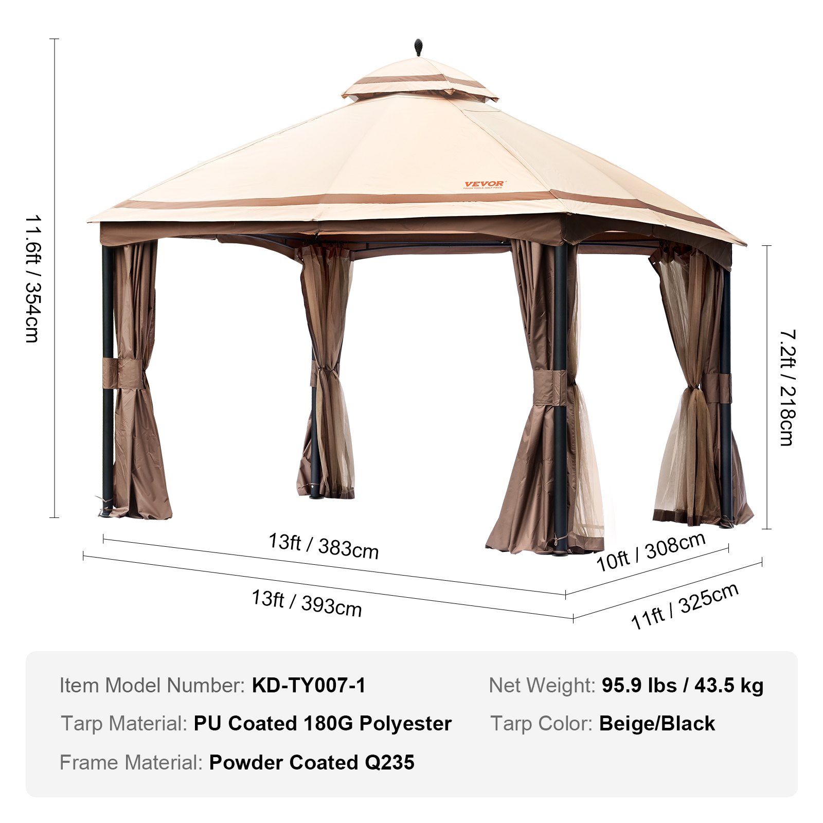 VEVOR Patio Pavilion for 10-12 People 393 x 325cm Backyard Pavilion with Mosquito Net, Metal Frame and PU-Coated 180G Polyester Outdoor Canopy for Patio, Backyard, Lawn, Garden