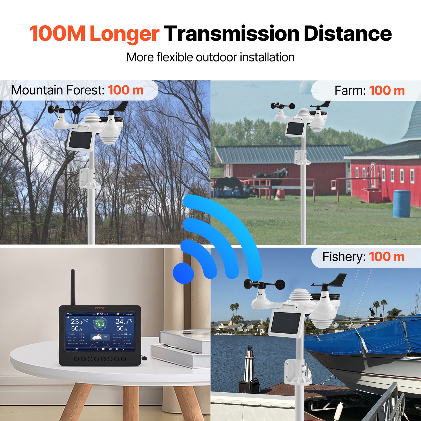 VEVOR Estación Meteorológica Wifi 7 en 1 Sensor Inalámbrico con Pantalla TFT 186mm (7 in)