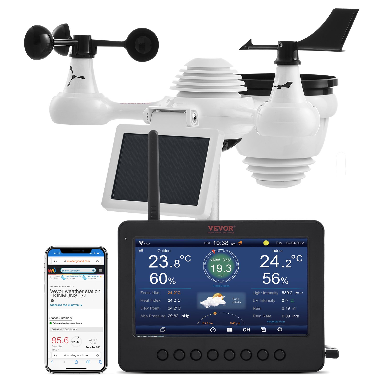 VEVOR Estación Meteorológica Wifi 7 en 1 Sensor Inalámbrico con Pantalla TFT 186mm (7 in)