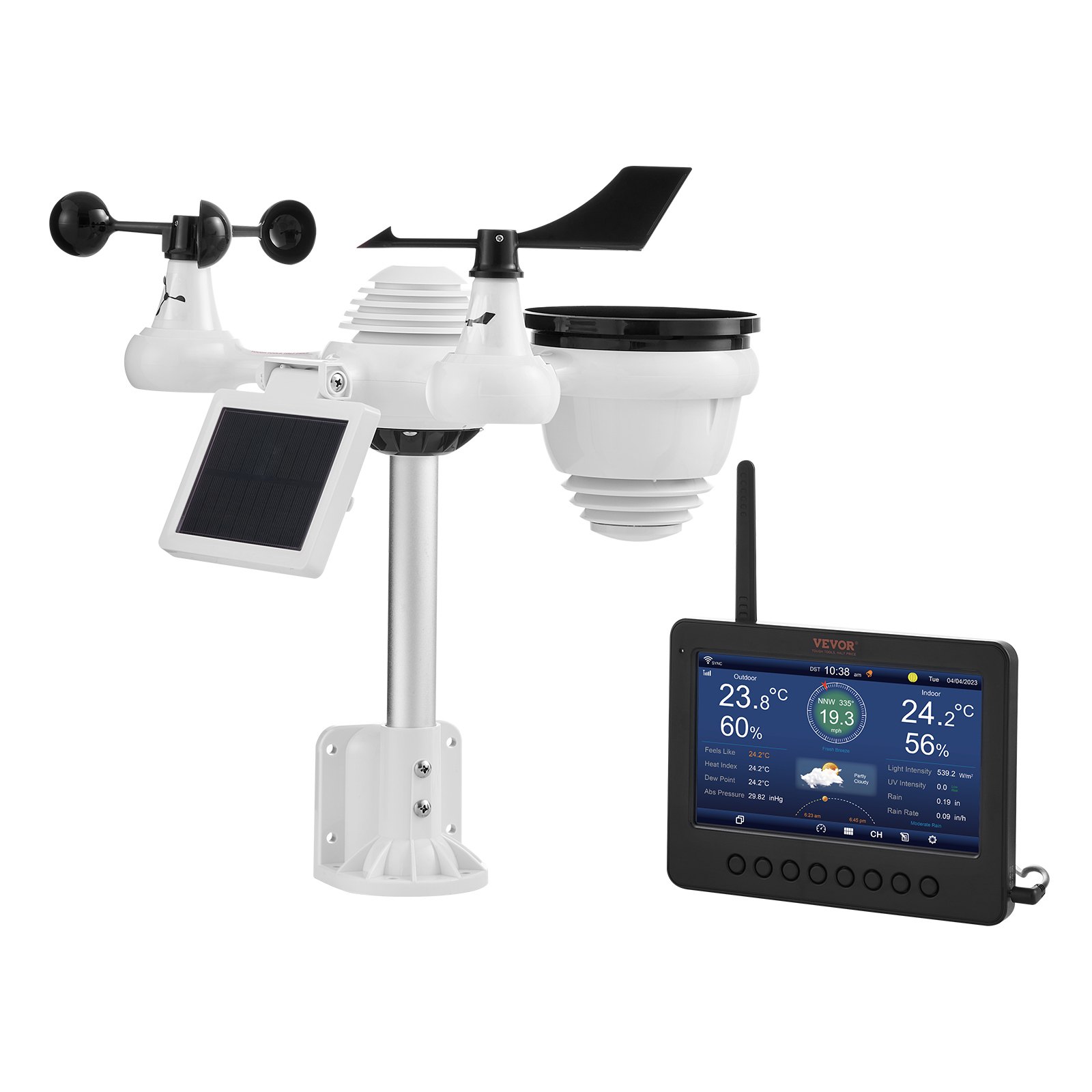 VEVOR Estación Meteorológica Wifi 7 en 1 Sensor Inalámbrico con Pantalla TFT 186mm (7 in)