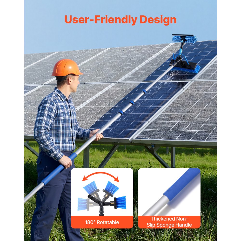 VEVOR Kit de Limpieza de Paneles Solares con Pértiga Telescópica 6,06m, Cabezal Giratorio, Dispensador de Jabón, Suministro de Agua, Kit de Cepillo de Limpieza con Manguera 20 m para Terrazas Ventanas