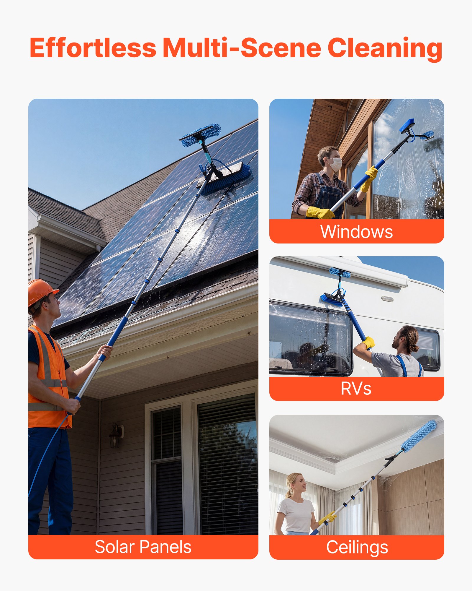 VEVOR Kit de Limpieza de Paneles Solares con Pértiga Telescópica 12 m, Dispensador de Jabón, Cabezal Giratorio, Suministro de Agua, Kit de Cepillo de Limpieza con Manguera 20 m para Terrazas Ventanas