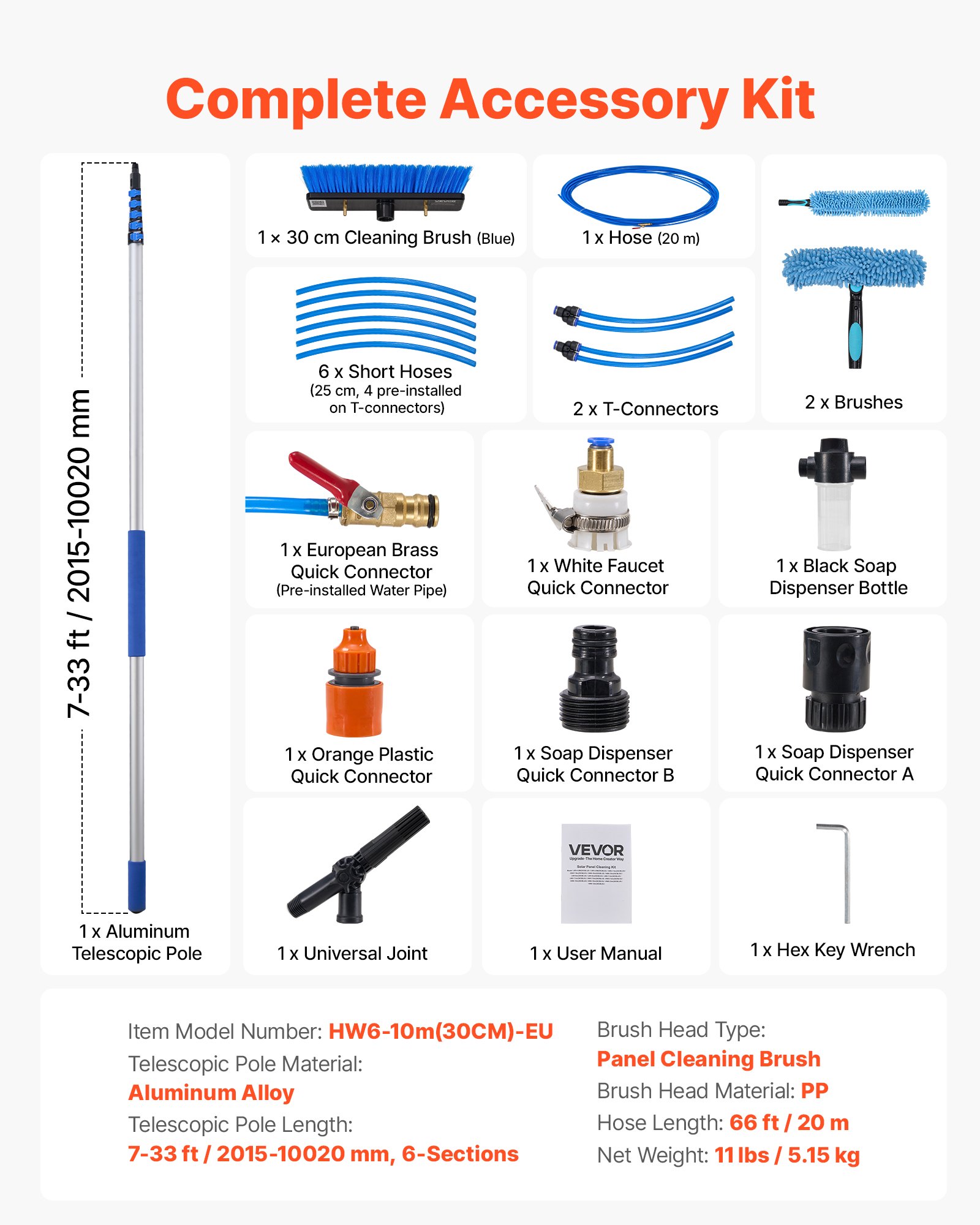 VEVOR Kit de Limpieza de Paneles Solares con Pértiga Telescópica 10 m, Cabezal Giratorio, Suministro de Agua, Dispensador de Jabón, Kit de Cepillo de Limpieza con Manguera 20 m para Terrazas Ventanas