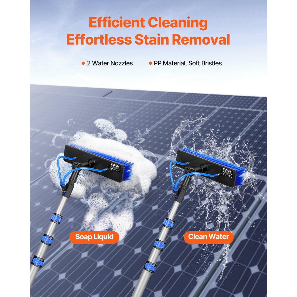 VEVOR Kit de Barra de Limpieza Paneles Solares de 3,6 m con Suministro de Agua, Mango Extensible, Cabezal de Cepillo Giratorio 180° y Manguera de 20 m, para la Cubierta del Panel Solar de la Caravana
