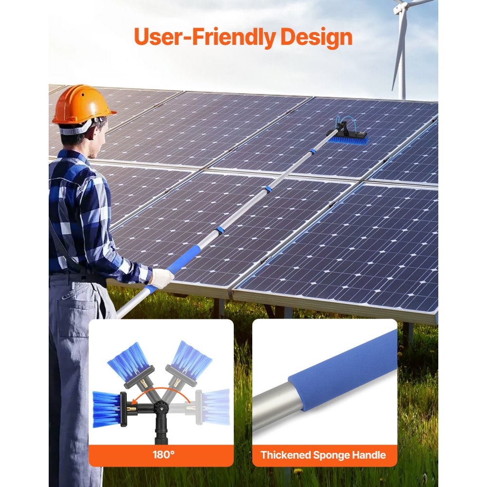 VEVOR Kit de Barra de Limpieza Paneles Solares de 3,6 m con Suministro de Agua, Mango Extensible, Cabezal de Cepillo Giratorio 180° y Manguera de 20 m, para la Cubierta del Panel Solar de la Caravana