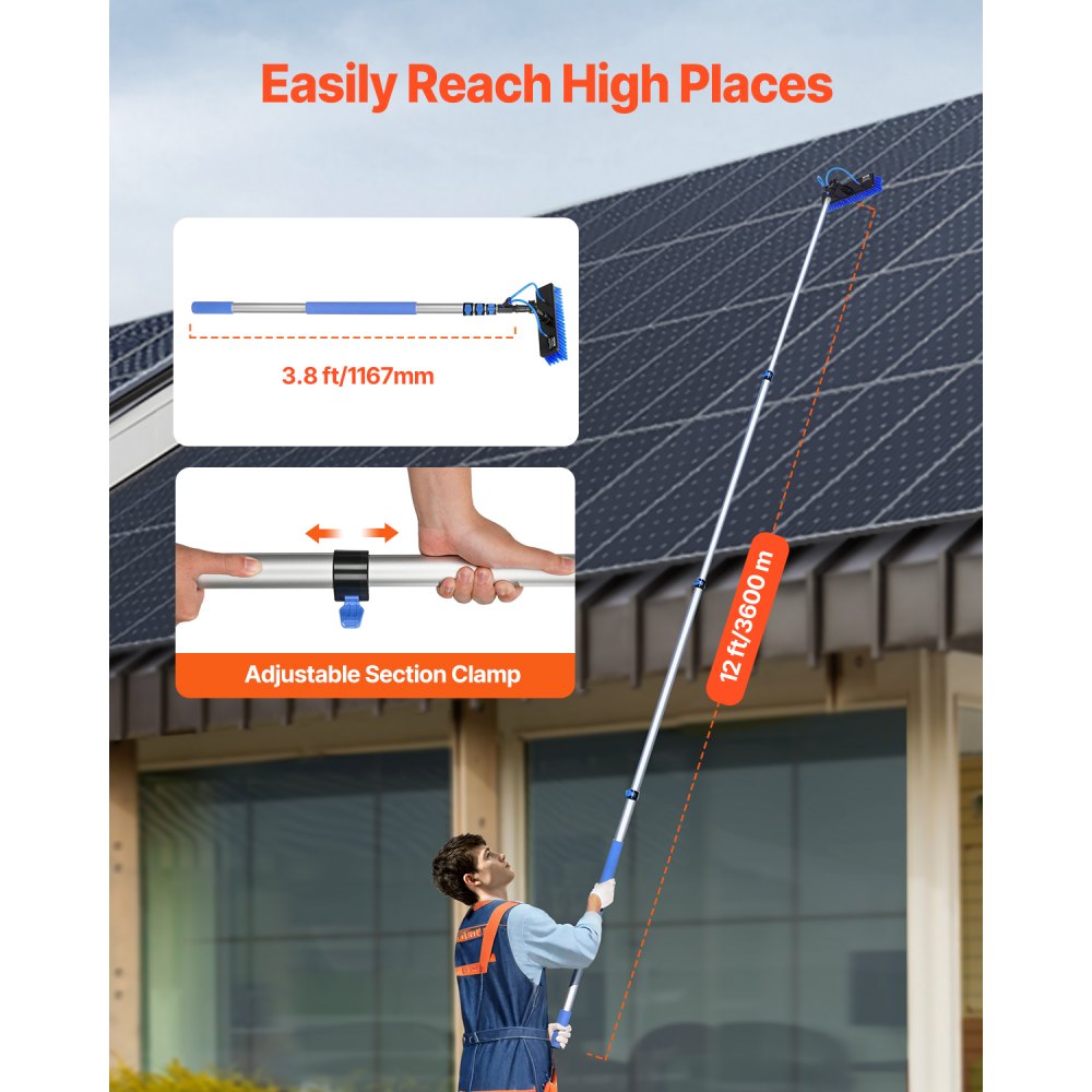 VEVOR Kit de Barra de Limpieza Paneles Solares de 3,6 m con Suministro de Agua, Mango Extensible, Cabezal de Cepillo Giratorio 180° y Manguera de 20 m, para la Cubierta del Panel Solar de la Caravana
