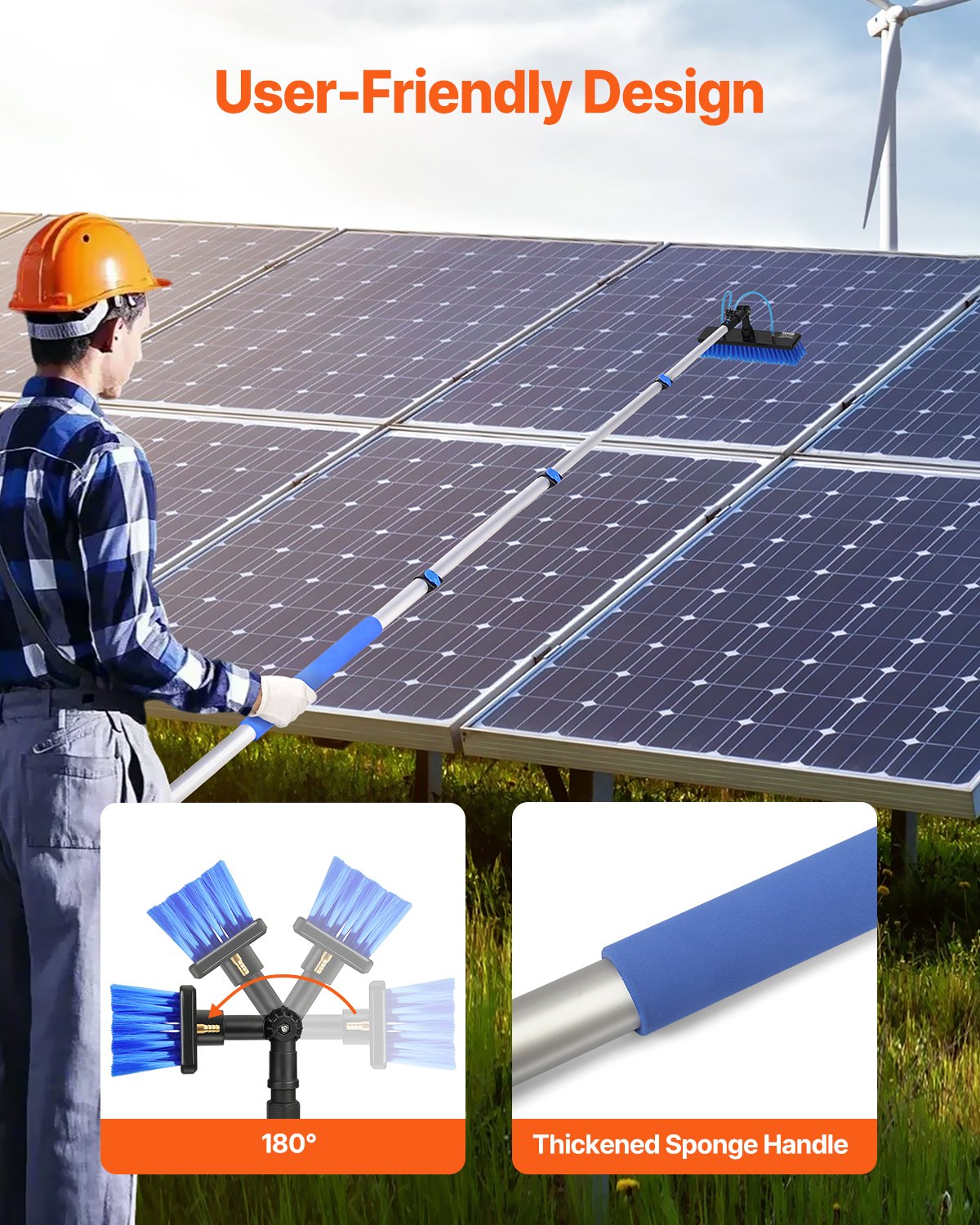 VEVOR Kit de Barra de Limpieza Paneles Solares de 3,6 m con Suministro de Agua, Mango Extensible, Cabezal de Cepillo Giratorio 180° y Manguera de 20 m, para la Cubierta del Panel Solar de la Caravana