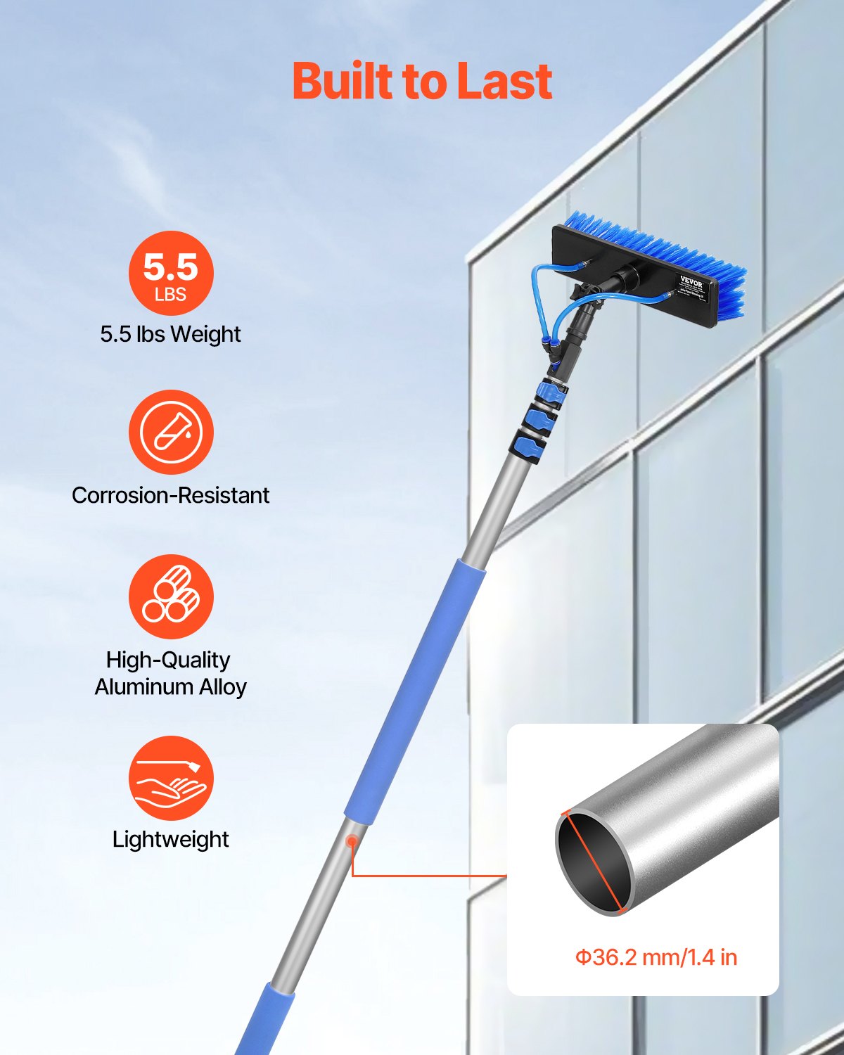 VEVOR Kit de Barra de Limpieza Paneles Solares de 3,6 m con Suministro de Agua, Mango Extensible, Cabezal de Cepillo Giratorio 180° y Manguera de 20 m, para la Cubierta del Panel Solar de la Caravana