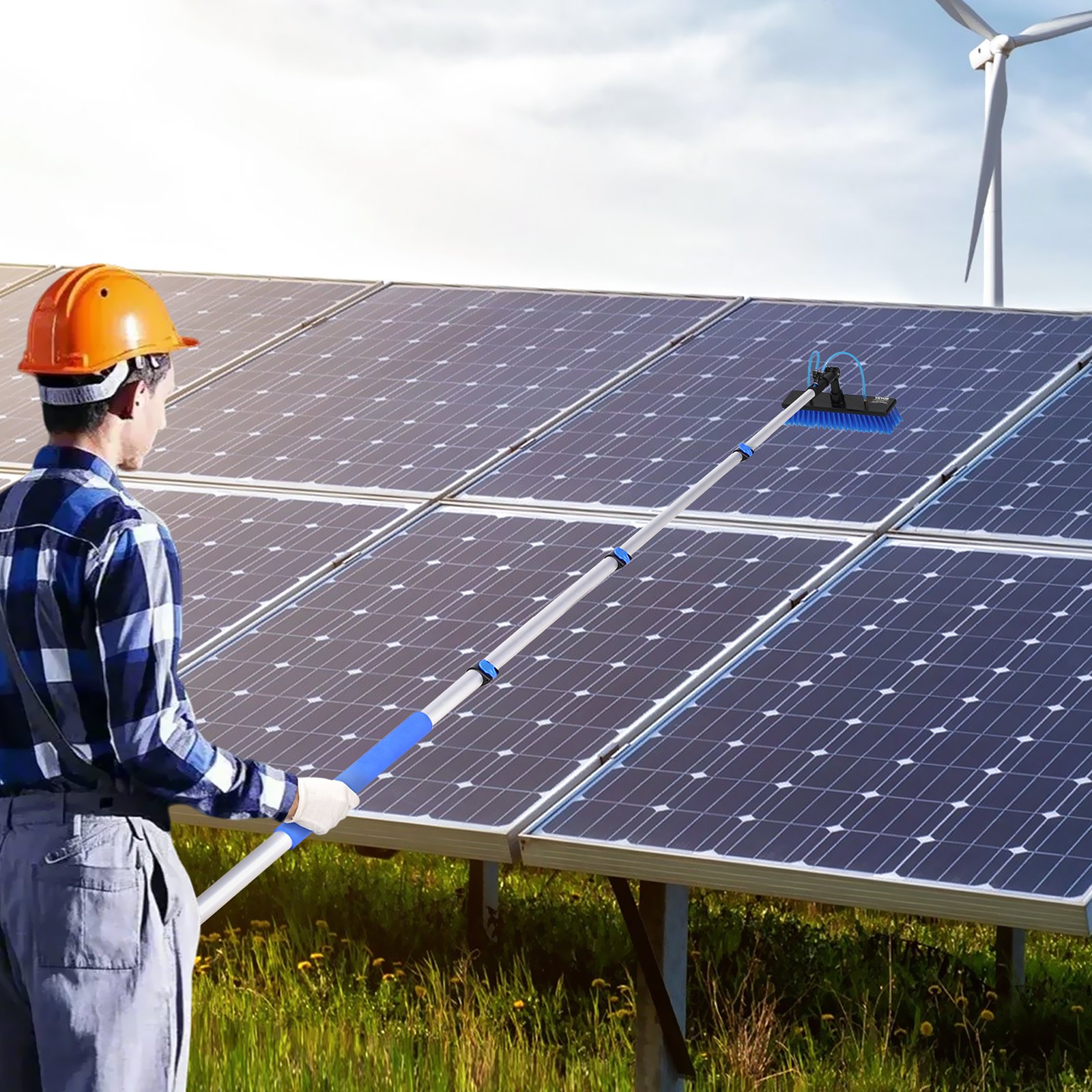 VEVOR Kit de Barra de Limpieza Paneles Solares de 3,6 m con Suministro de Agua, Mango Extensible, Cabezal de Cepillo Giratorio 180° y Manguera de 20 m, para la Cubierta del Panel Solar de la Caravana