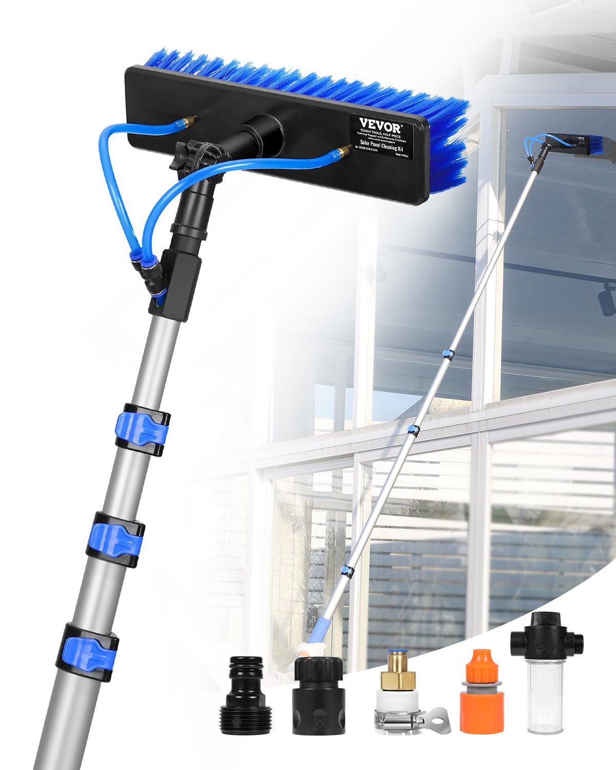VEVOR Kit de Barra de Limpieza Paneles Solares de 3,6 m con Suministro de Agua, Mango Extensible, Cabezal de Cepillo Giratorio 180° y Manguera de 20 m, para la Cubierta del Panel Solar de la Caravana