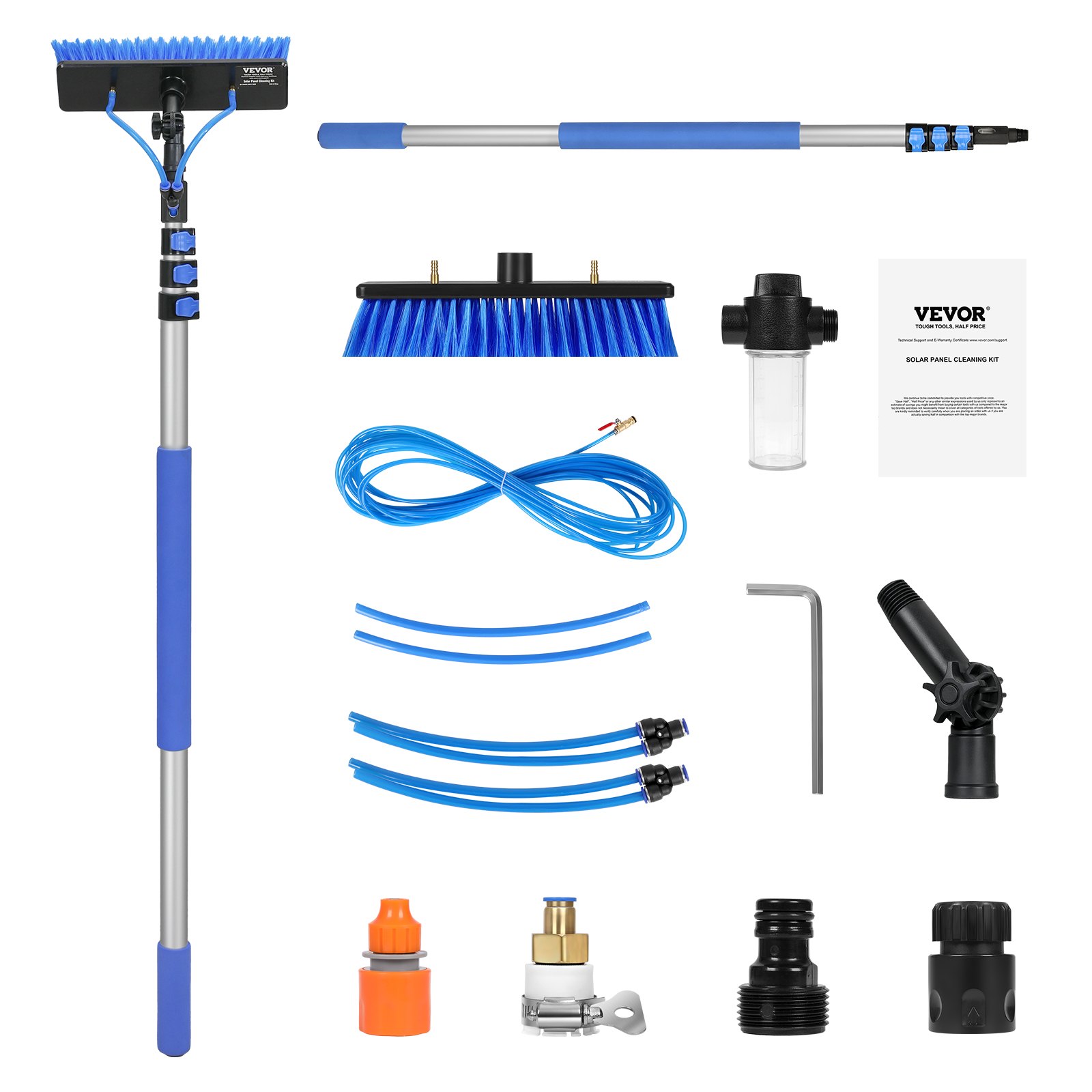 VEVOR Kit de Barra de Limpieza Paneles Solares de 3,6 m con Suministro de Agua, Mango Extensible, Cabezal de Cepillo Giratorio 180° y Manguera de 20 m, para la Cubierta del Panel Solar de la Caravana