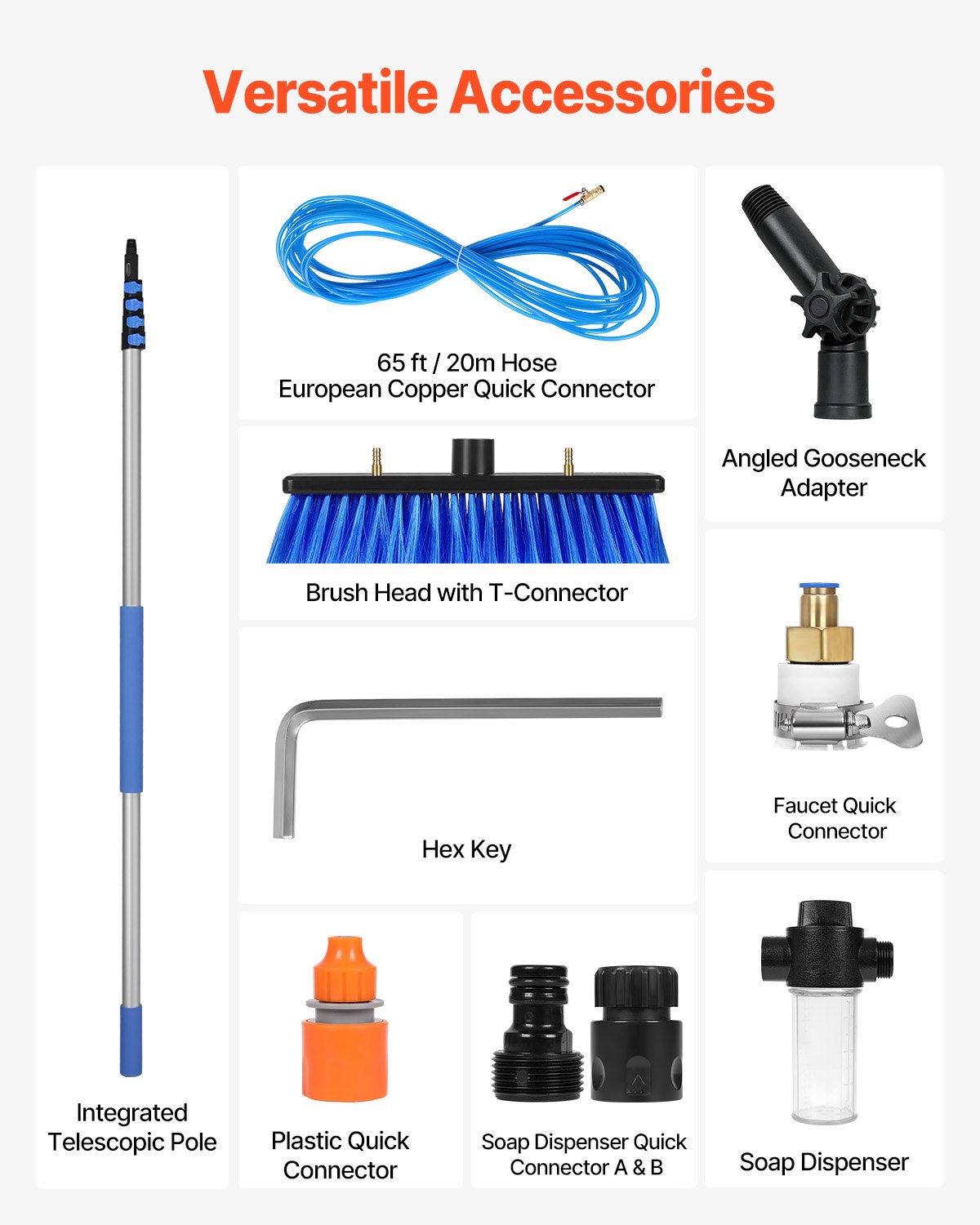 VEVOR Kit de Barra de Limpieza de Paneles Solares 7,3 m con Suministro de Agua, con Mango Extensible, Cabezal de Cepillo Giratorio 180° y Manguera 20 m, para la Cubierta del Panel Solar de la Caravana