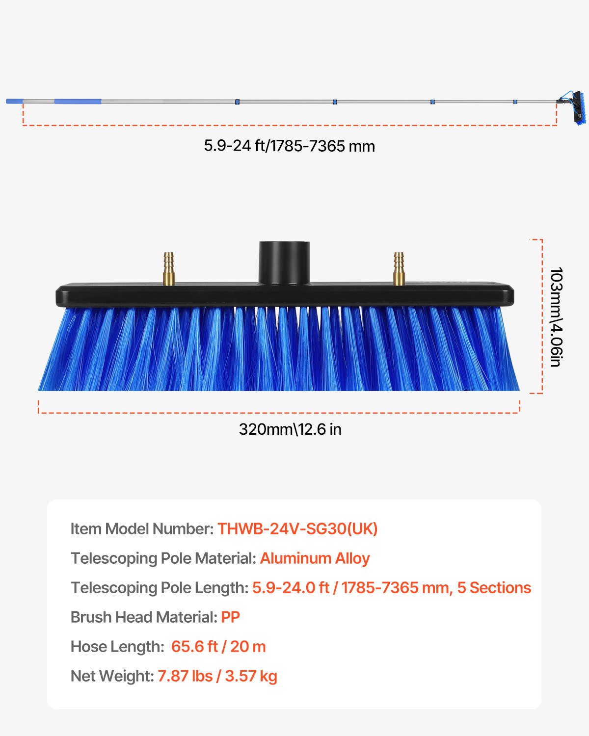 VEVOR Kit de Barra de Limpieza de Paneles Solares 7,3 m con Suministro de Agua, con Mango Extensible, Cabezal de Cepillo Giratorio 180° y Manguera 20 m, para la Cubierta del Panel Solar de la Caravana