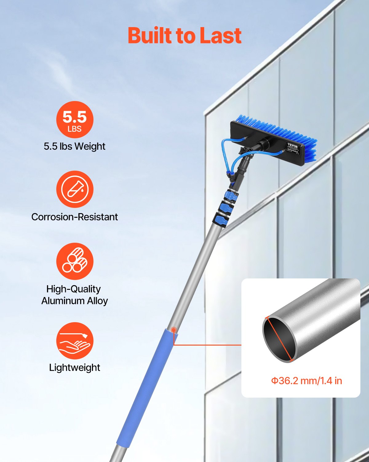 VEVOR Kit de Barra de Alimentación de Agua, Barra de Limpieza de Paneles Solares 6 m con Mango Extensible, Cabezal de Cepillo Giratorio 180° y Manguera 20 m, para la Cubierta del Panel Solar Caravana