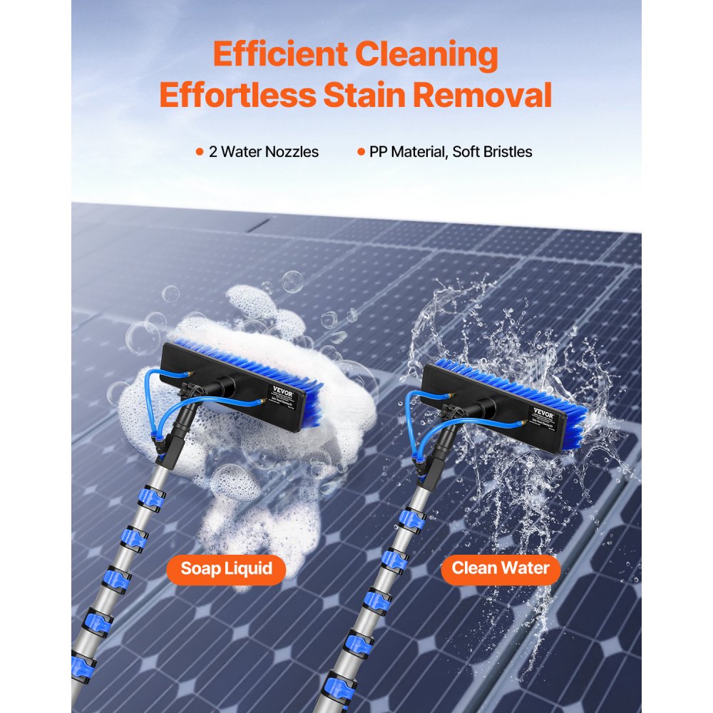 VEVOR Kit de Barra de Alimentación de Agua, Barra de Limpieza Paneles Solares 11 m con Mango Extensible, Cabezal Cepillo Giratorio 180° y Manguera 20 m, para la Cubierta del Panel Solar Caravana
