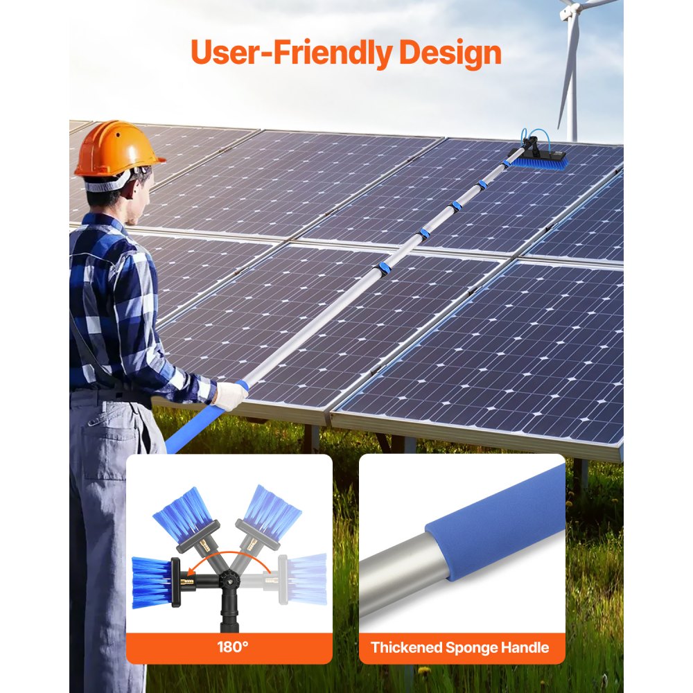 VEVOR Kit de Barra de Alimentación de Agua, Barra de Limpieza Paneles Solares 11 m con Mango Extensible, Cabezal Cepillo Giratorio 180° y Manguera 20 m, para la Cubierta del Panel Solar Caravana