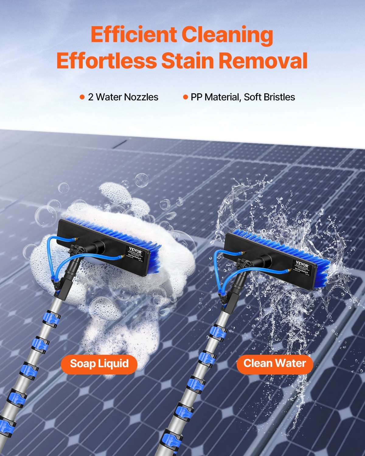 VEVOR Kit de Barra de Alimentación de Agua, Barra de Limpieza Paneles Solares 11 m con Mango Extensible, Cabezal Cepillo Giratorio 180° y Manguera 20 m, para la Cubierta del Panel Solar Caravana