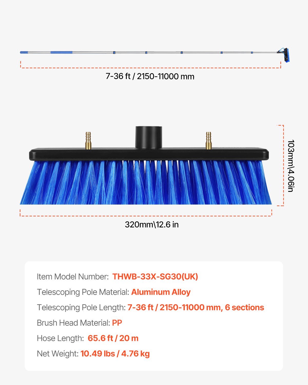 VEVOR Kit de Barra de Alimentación de Agua, Barra de Limpieza Paneles Solares 11 m con Mango Extensible, Cabezal Cepillo Giratorio 180° y Manguera 20 m, para la Cubierta del Panel Solar Caravana